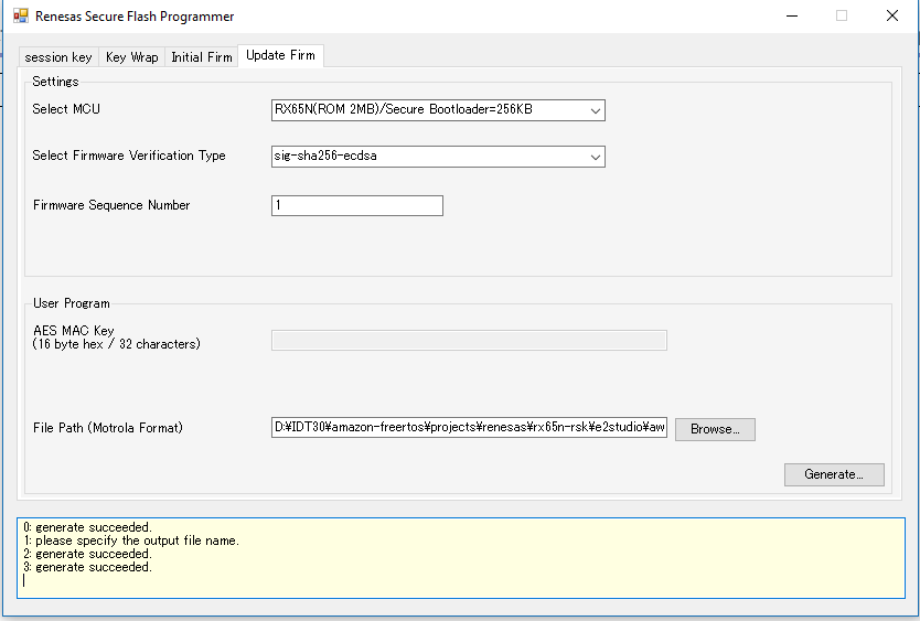 Renesas Secure Flash Programmer-Fenster mit MCU-Auswahl, Firmware-Verifizierungstyp, Sequenznummer, AES-MAC-Schlüsselfeld und Dateipfadeingabe zur Generierung sicherer Firmware.