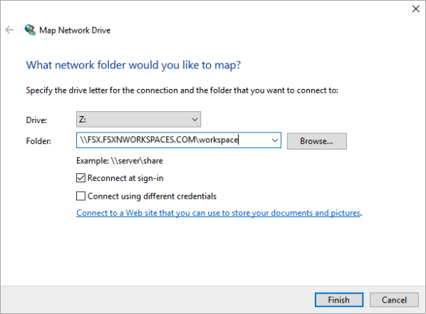 Zeigt das Windows-Dialogfeld „Netzlaufwerk zuordnen“ an, in dem Sie eine ONTAP SMB-Freigabe einem Buchstaben auf einem zuordnen können. WorkSpace