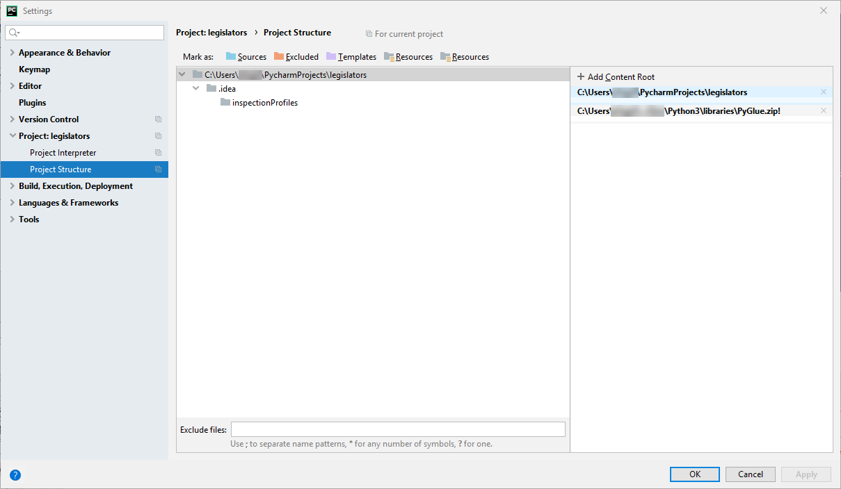 PyCharm-Einstellungsbildschirm, in dem PyGlue.zip zum Inhalts-Stammverzeichnis hinzugefügt wurde.