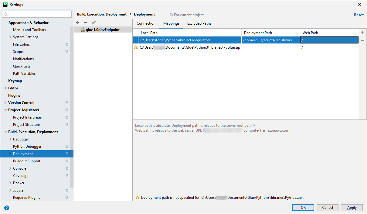 PyCharm-Einstellungsbildschirm nach einem Bereitstellungsmapping.