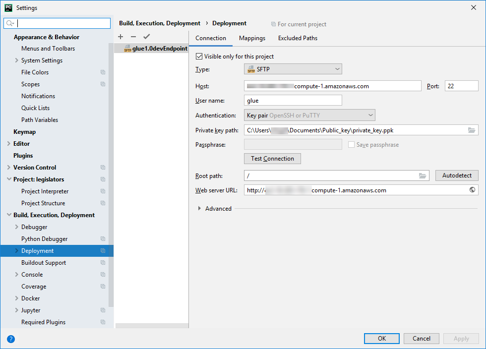 PyCharm-Einstellungsbildschirm, in dem ein SFTP-Server angegeben ist.