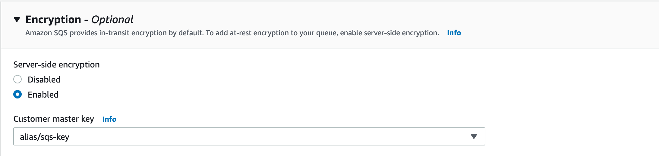 Encryption settings panel with server-side encryption enabled and customer master key selection.