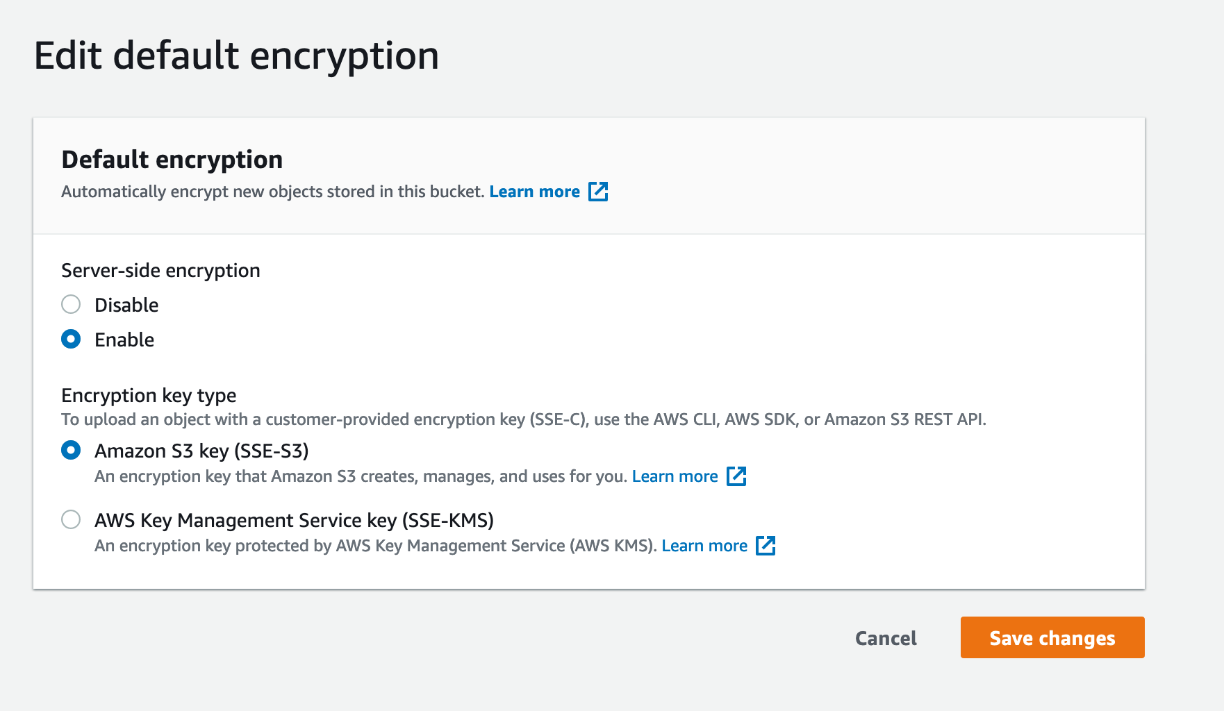 Default encryption settings for an S3 bucket, showing server-side encryption options and key types.