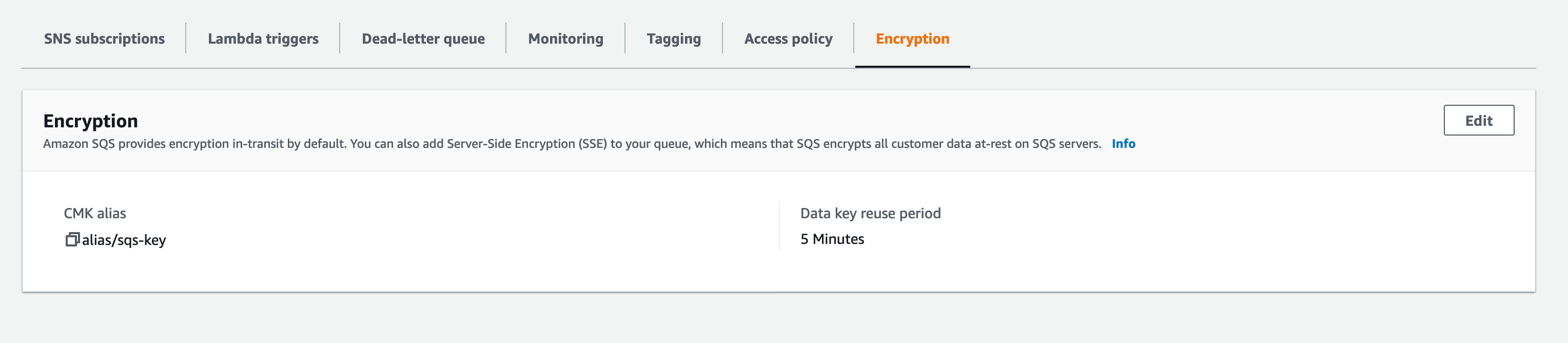 Encryption settings for Amazon SQS showing CMK alias and Datenschlüssel reuse period.