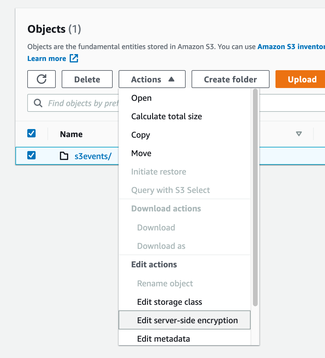 Amazon S3 interface showing Objects section with Actions dropdown menu expanded.