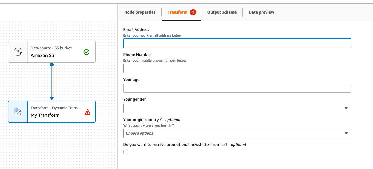 Der Screenshot zeigt eine ausgewählte benutzerdefinierte visuelle Transformation und die Registerkarte „Transform“ (Transformieren) mit benutzerdefinierten Parametern.