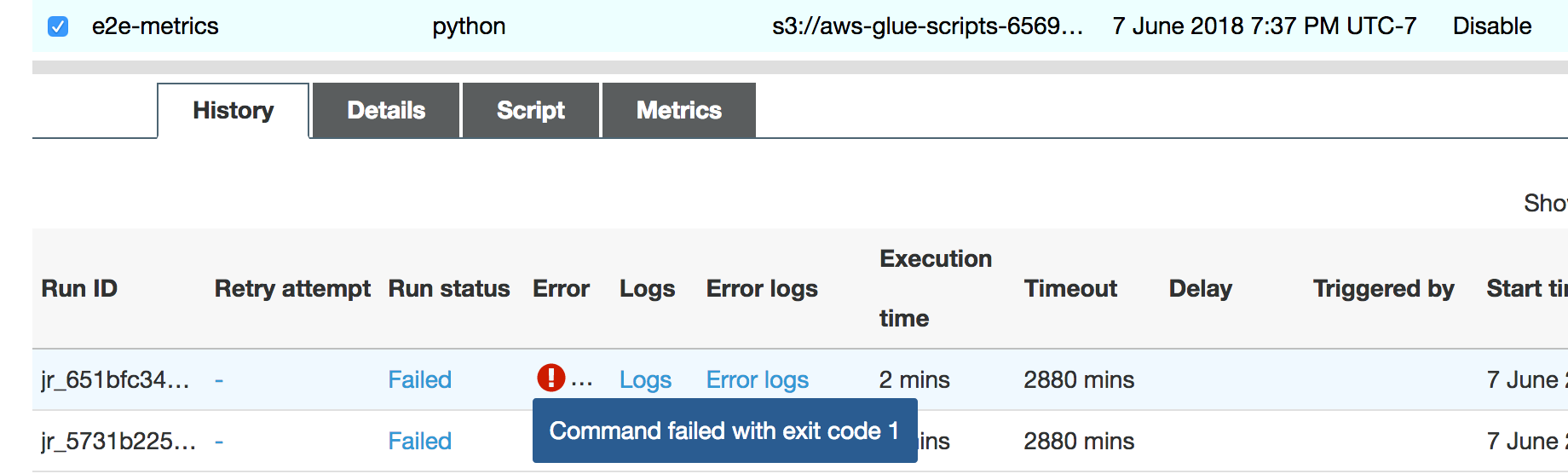 Die Fehlermeldung auf der AWS Glue-Konsole.