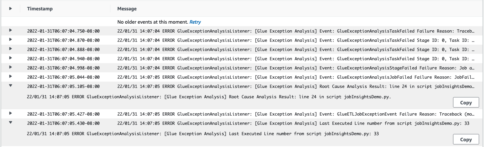 Der job-insights-rca-driver Log-Stream.