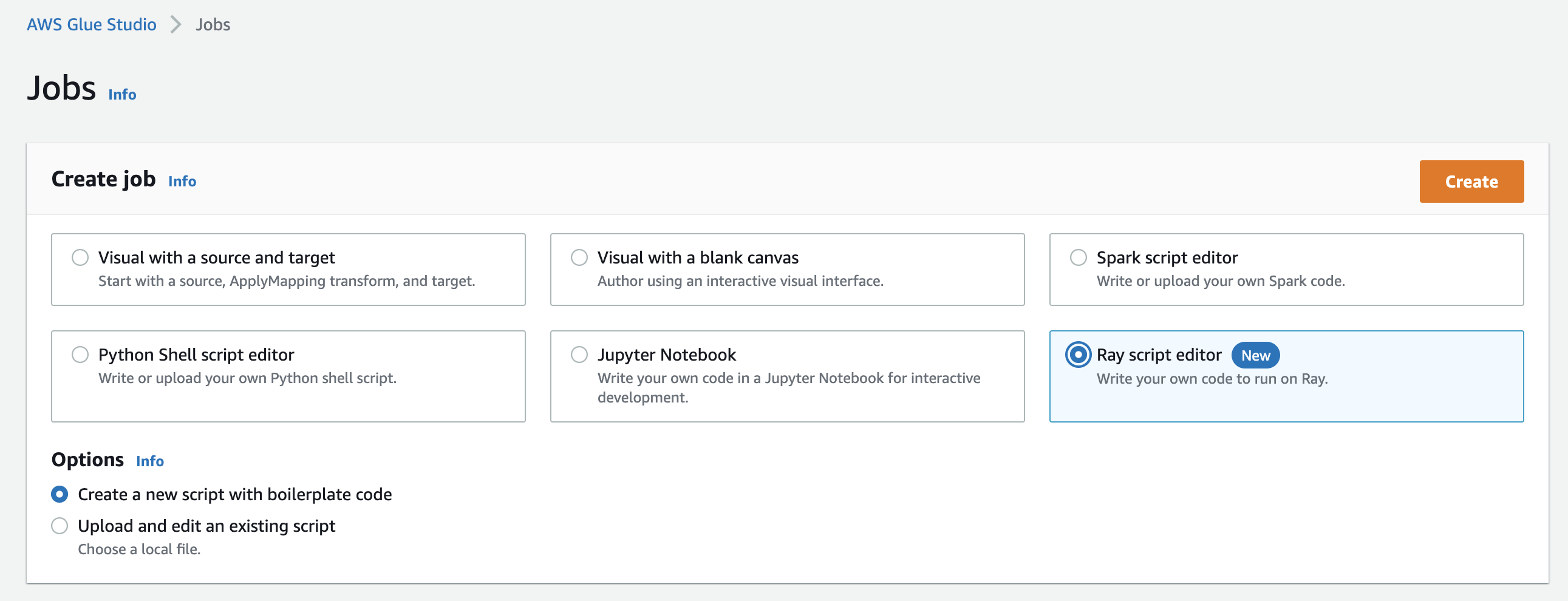 Die Seite Aufträge in AWS Glue Studio mit der ausgewählten Option Ray-Skript-Editor.