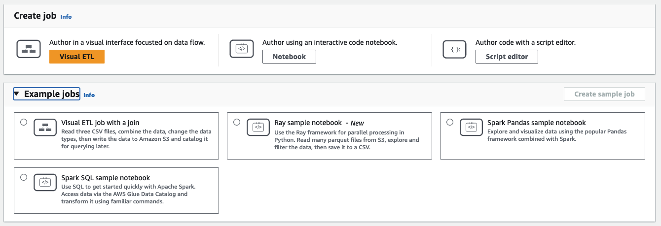 Der Screenshot zeigt die Seite „Jobs“ (Aufträge) von AWS Glue Studio. Im Bereich „Auftrag erstellen“ werden die Optionen zum Erstellen eines Auftrags angezeigt. Wählen Sie im Abschnitt „Beispielauftrag“ eine Option aus und wählen Sie dann Beispielauftrag erstellen, um einen Beispielauftrag zu starten.