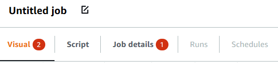 Ein Screenshot mit den Registerkarten für den visuellen Editor-Bereich für einen Auftrag mit dem Namen „Untitled job“ mit dem Hinweis „2“ auf der Registerkarte „Visual (Visuell)“ und dem Hinweis „1“ auf der Registerkarte „Job details (Auftragsdetails)“.