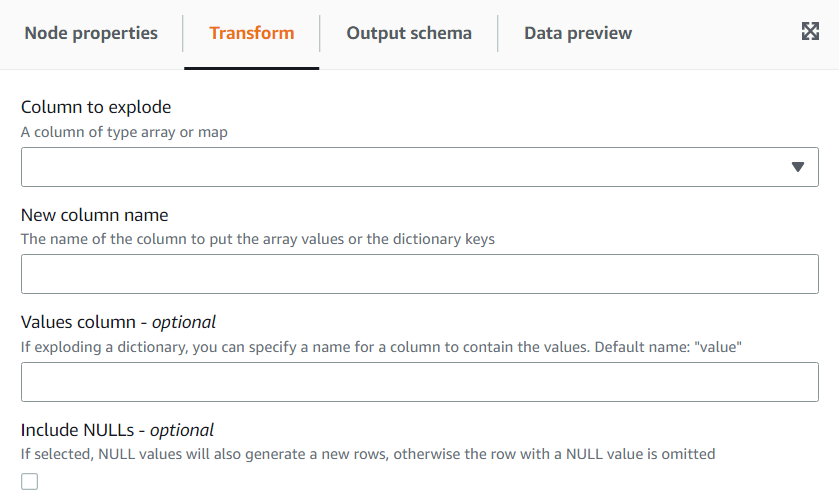 Der Screenshot zeigt die Registerkarte Transformation für die Transformation „Array auflösen oder in Zeilen zuordnen“.