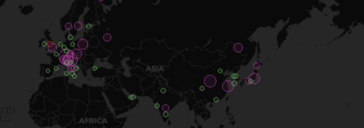 Ein Bild, das ein Beispiel für eine Geomap-Visualisierung in Grafana zeigt.