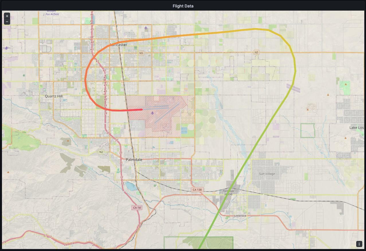 Ein Bild, das ein Beispiel für einen Routen-Layer zeigt, der die Geomap-Visualisierung in Grafana verwendet.