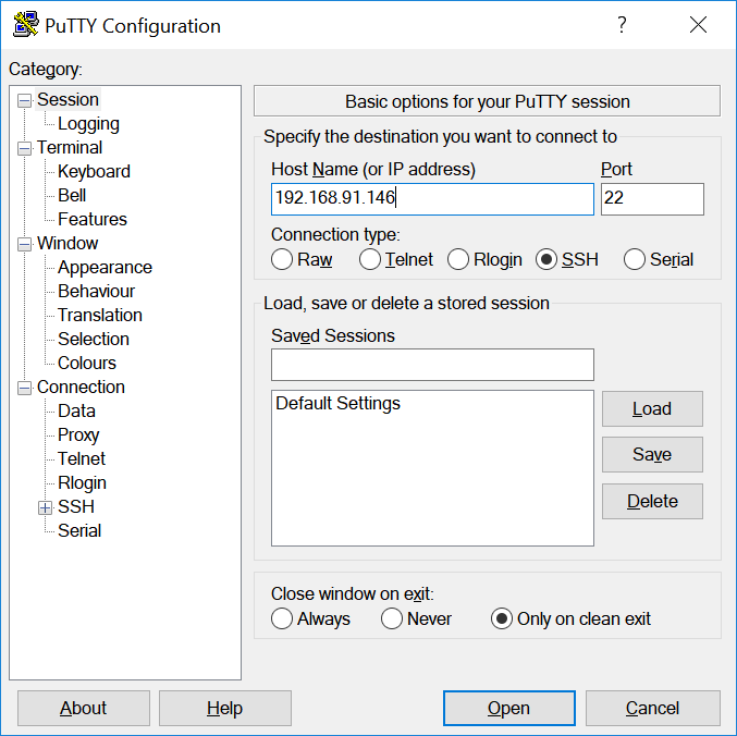 PuTTY-Fenster mit der IP-Adresse im Feld „Host Name (or IP address)”.