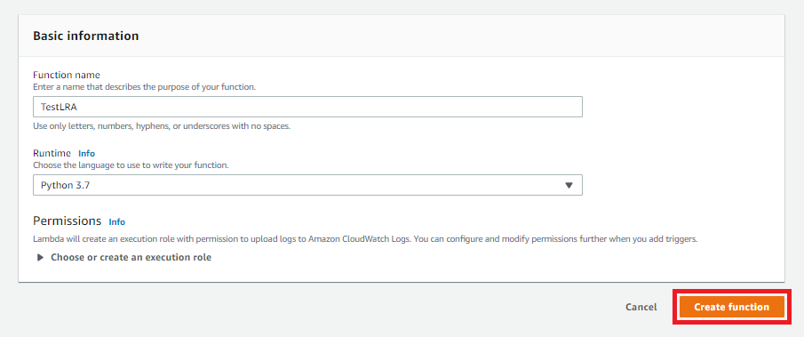 Seite „Create function“ mit hervorgehobener Option „Create function“.