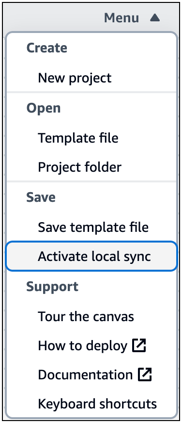 Im Menü von Infrastructure Composer ist die Option Lokale Synchronisierung aktivieren ausgewählt.