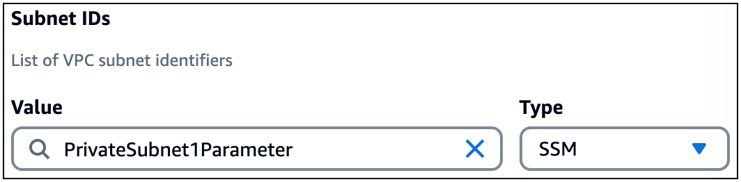 Ein PrivateSubnet 1Parameter-Wert wird für den SSM Typ eines Subnetz-ID-Felds bereitgestellt.
