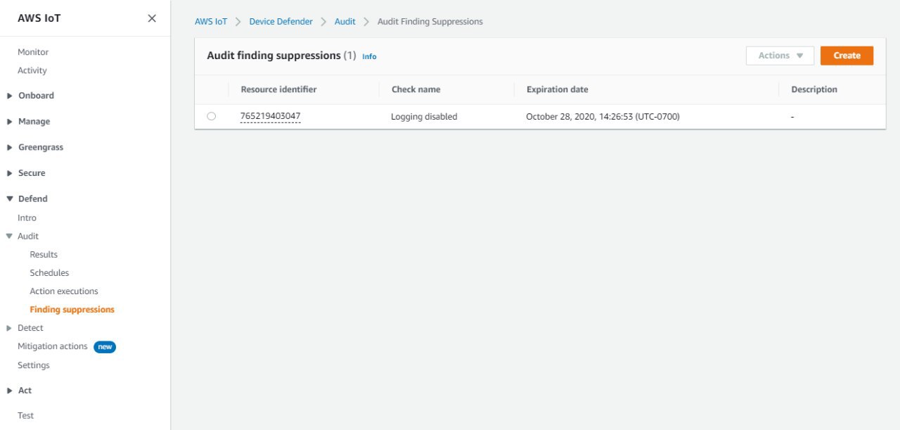 AWS IoT Device Defender-Tabelle zu Unterdrückungen des Prüfungsergebnisses mit einer einzigen Unterdrückung für die Prüfung „Protokollierung deaktiviert“, mit Ablaufdatum am 28. Oktober 2020.