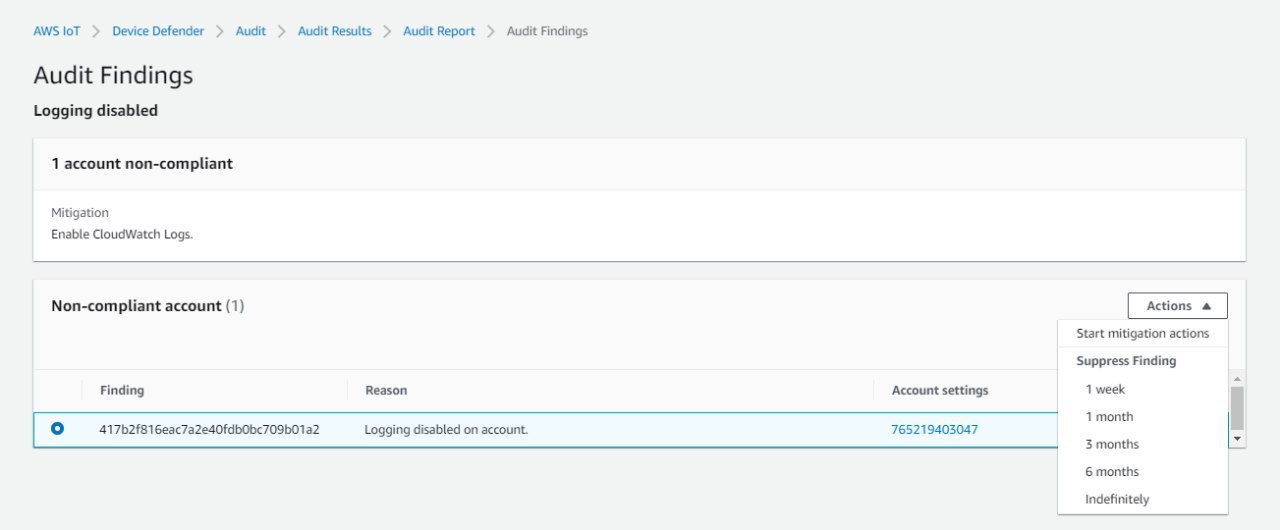 Aus den AWS IoT Device Defender-Prüfungserkenntnissen geht hervor, dass die Protokollierung deaktiviert ist und ein Konto nicht konform ist, mit Angabe von Einzelheiten und Abschwächungsmaßnahmen.