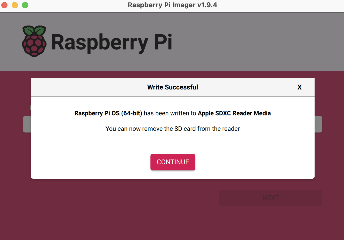 Der Erfolgsbildschirm des Raspberry Pi Imager zeigt den abgeschlossenen Schreibvorgang