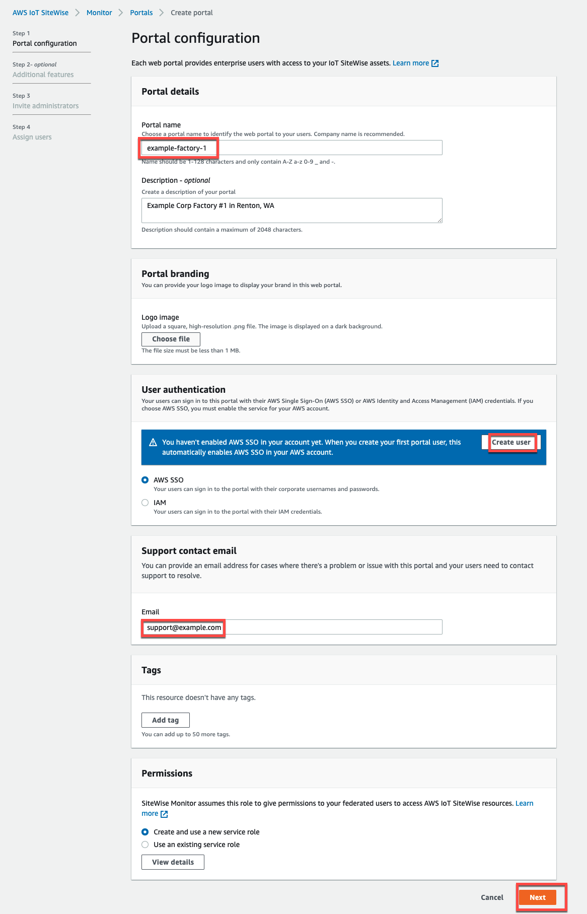 Die Seite „Portal configuration (Portalkonfiguration)“, die zum Erstellen eines Portals verwendet wird.