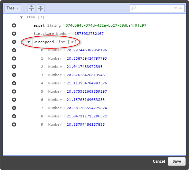 Screenshot des DynamoDB-Bedienfelds „Tabellenzeile bearbeiten“.