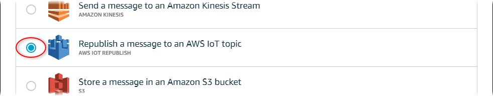 AWS IoT Screenshot der Kernseite „Aktion auswählen“, auf der die Aktion „Erneut veröffentlichen“ hervorgehoben ist.