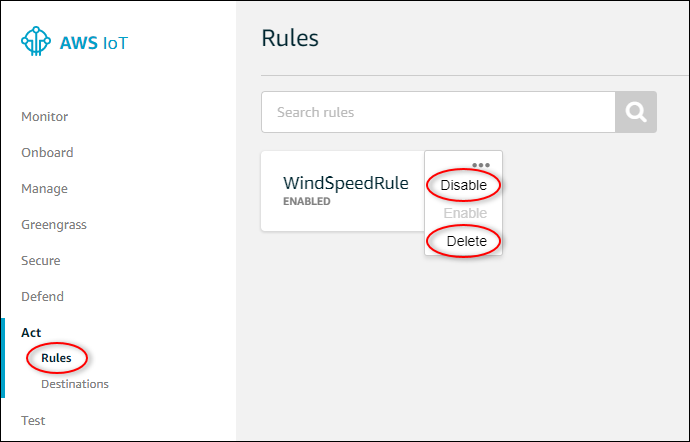 AWS IoT Screenshot der Kernseite „Regeln“ mit geöffnetem und hervorgehobenem Regelmenü.