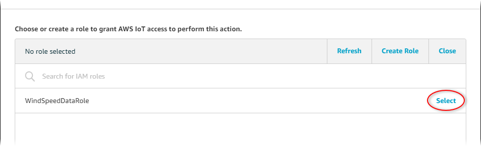 AWS IoT Screenshot der Core-Seite „Aktion „Erneute Veröffentlichung konfigurieren“, auf der die Schaltfläche zur Rollenauswahl hervorgehoben ist.