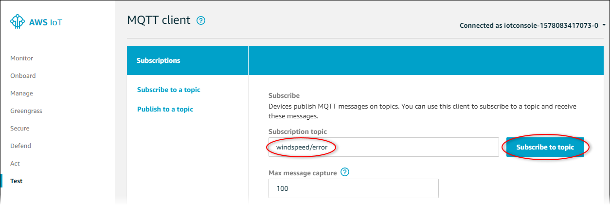 AWS IoT Screenshot der Core-Seite „MQTTClient“, auf der die Schaltfläche „Thema abonnieren“ hervorgehoben ist.