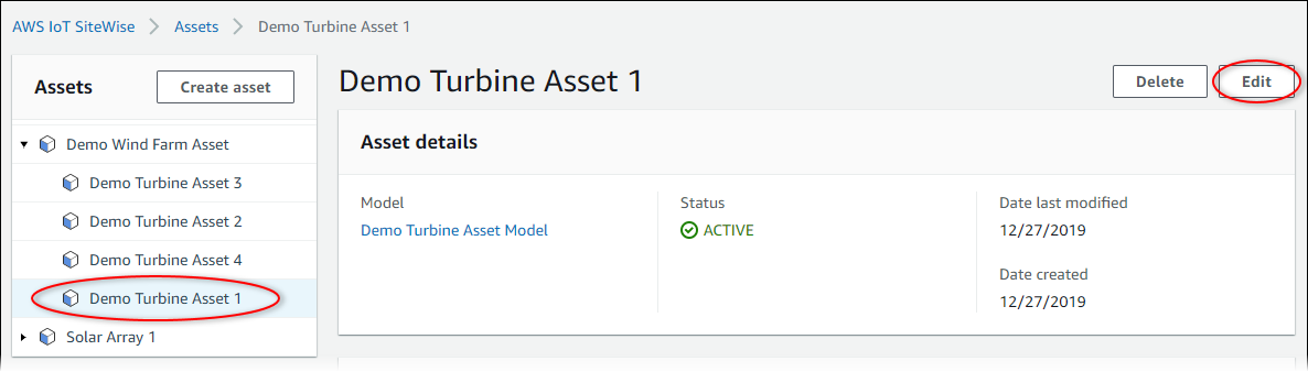 AWS IoT SiteWise "Demo Turbine Asset" Bildschirmfoto.