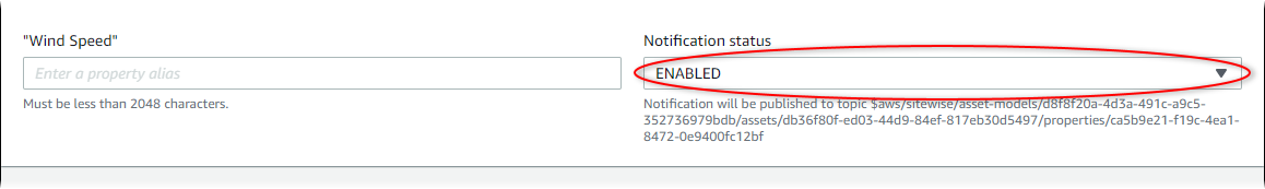 AWS IoT SiteWise Screenshot „Benachrichtigungsstatus bearbeiten“.