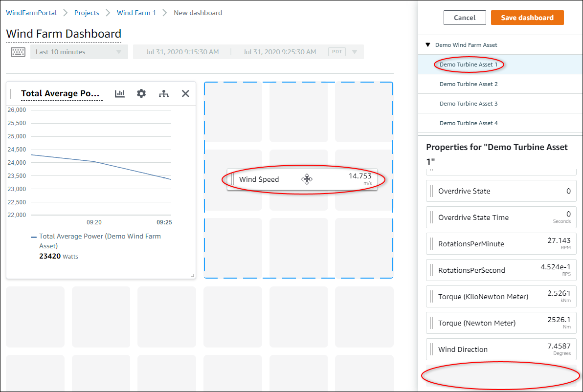 Die Bearbeitungsseite „Dashboard“ mit der hervorgehobenen Eigenschaft „Windgeschwindigkeit“ einer Windkraftanlage.