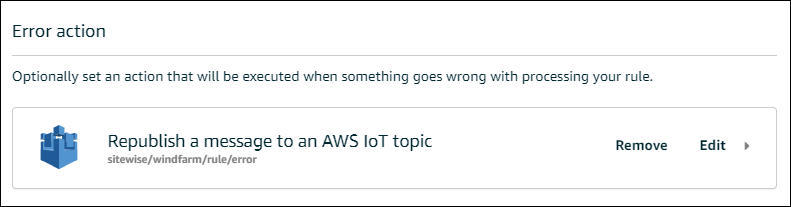 AWS IoT Core Seite „Regel“ Veröffentlichen Sie den Screenshot der Fehleraktion erneut.