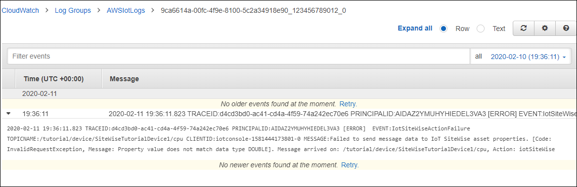 CloudWatch Bildschirmfoto „AWS IoT Logs“.