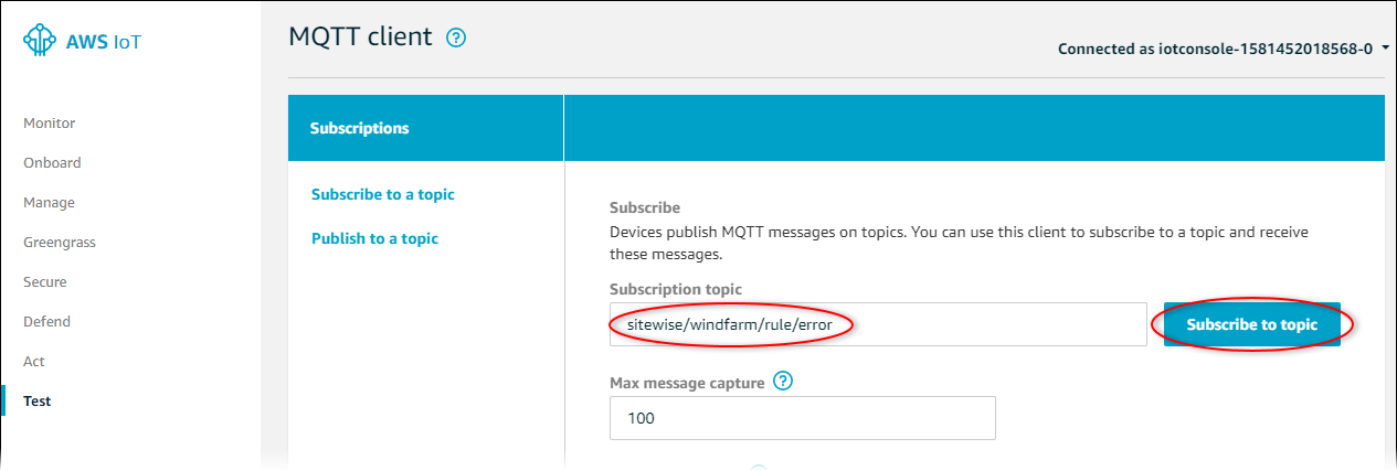 AWS IoT Core Screenshot der Seite „MQTTClient“ mit hervorgehobener Schaltfläche „Thema abonnieren“.