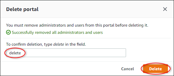 Das Dialogfeld „Portal löschen“, in dem „Löschen“ hervorgehoben ist.