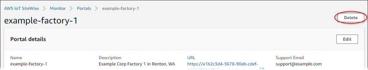 Seite mit den Portaldetails, auf der Löschen hervorgehoben ist.