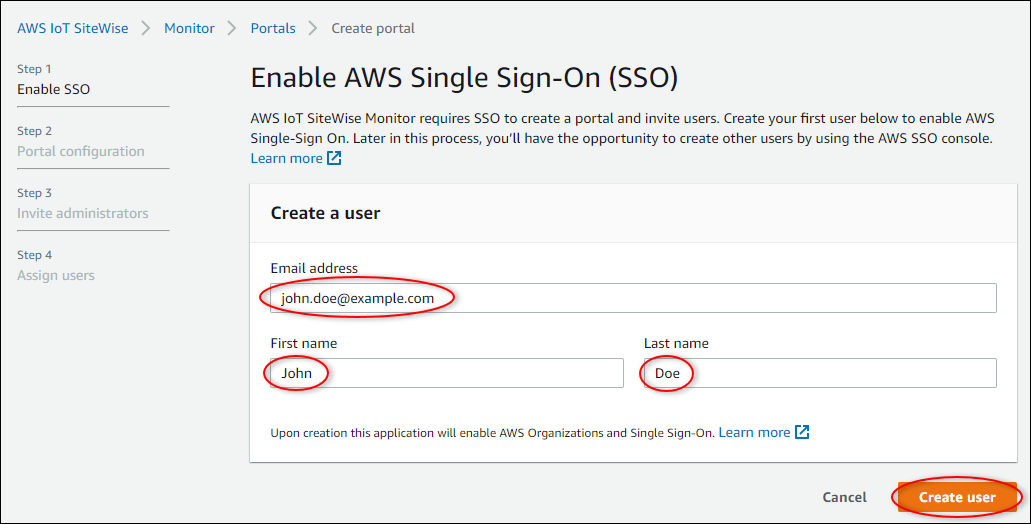 Die Seite „Aktivieren AWS IAM Identity Center (SSO)“ des Prozesses „Portal erstellen“.