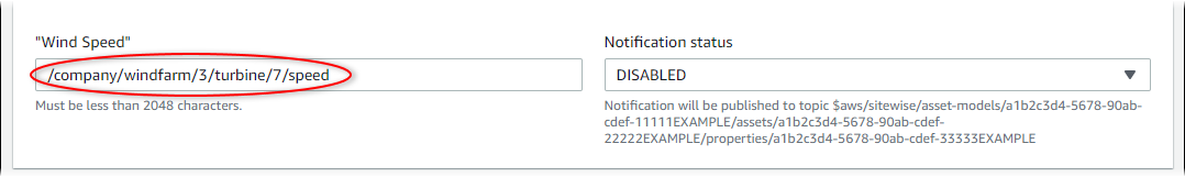 AWS IoT SiteWise Screenshot der Seite „Asset bearbeiten“ mit hervorgehobenem Eigenschaftsalias.