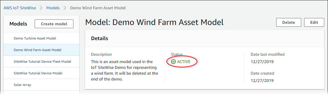 AWS IoT SiteWise Screenshot auf der Seite „Asset-Modell“ mit hervorgehobenem Status des Asset-Modells.