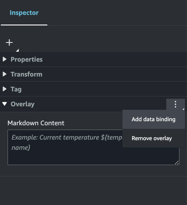 Das Inspektorfenster, in dem die drei Punkte ausgewählt und Datenbindung hinzufügen hervorgehoben sind.