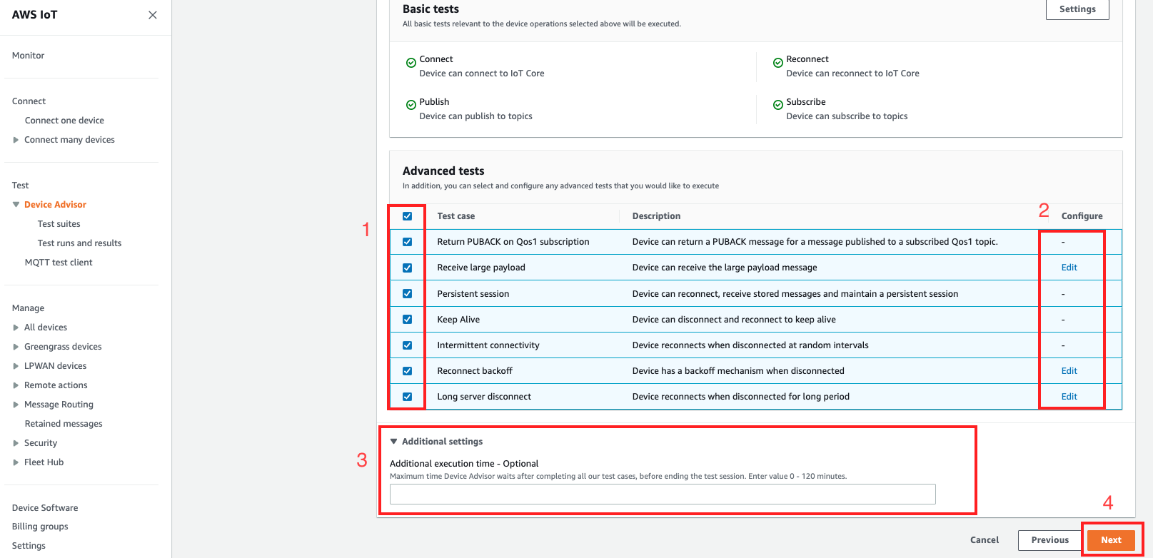 Die Device Advisor-Schnittstelle, mit der Sie Tests auf IoT-Geräten konfigurieren und ausführen können.