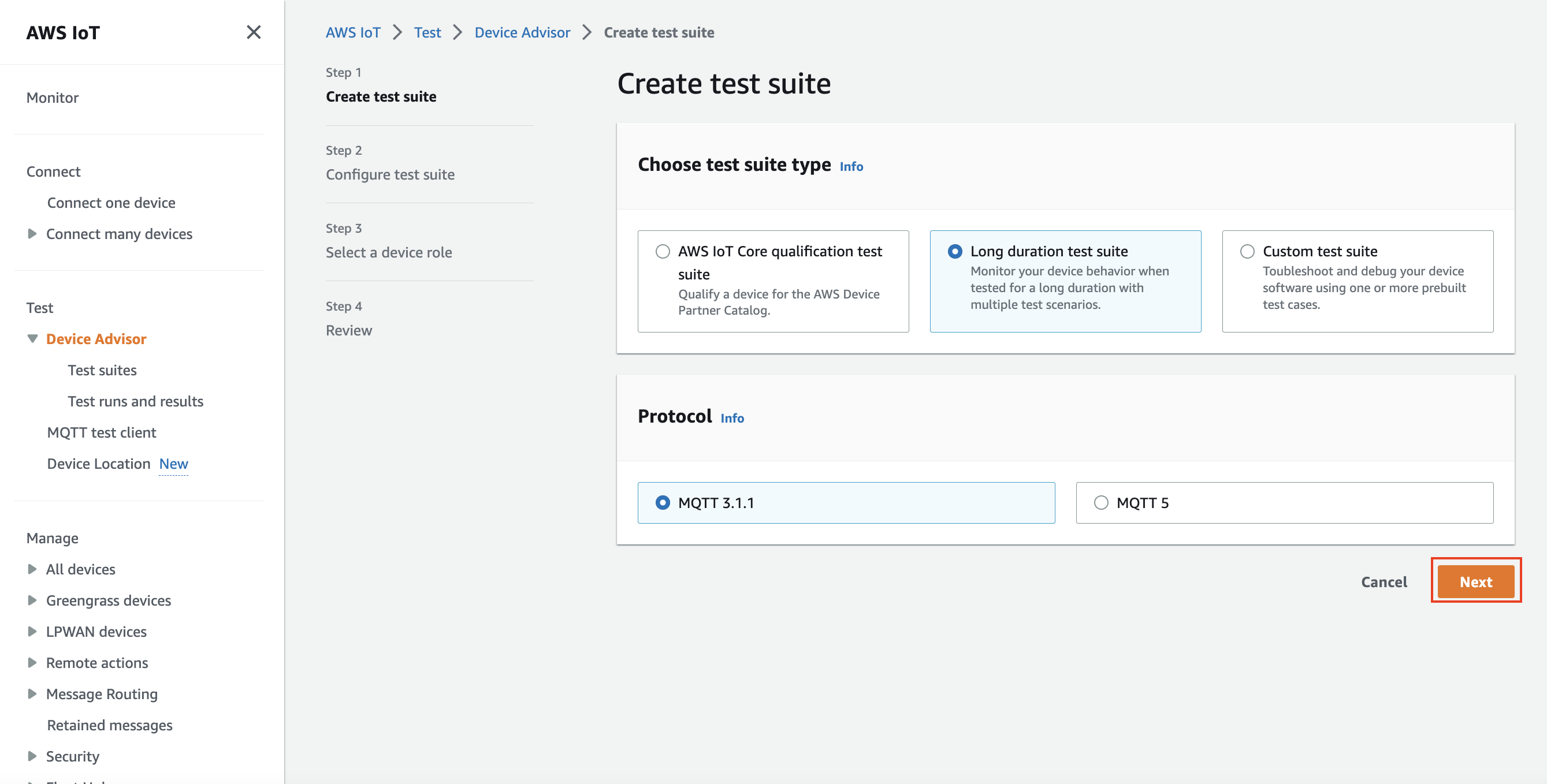 Der Schritt Testsuite erstellen in der Device Advisor-Konsole.