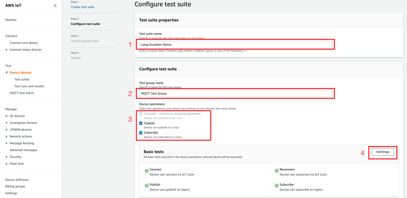 Der Schritt Testsuite erstellen der Device Advisor-Konsole.