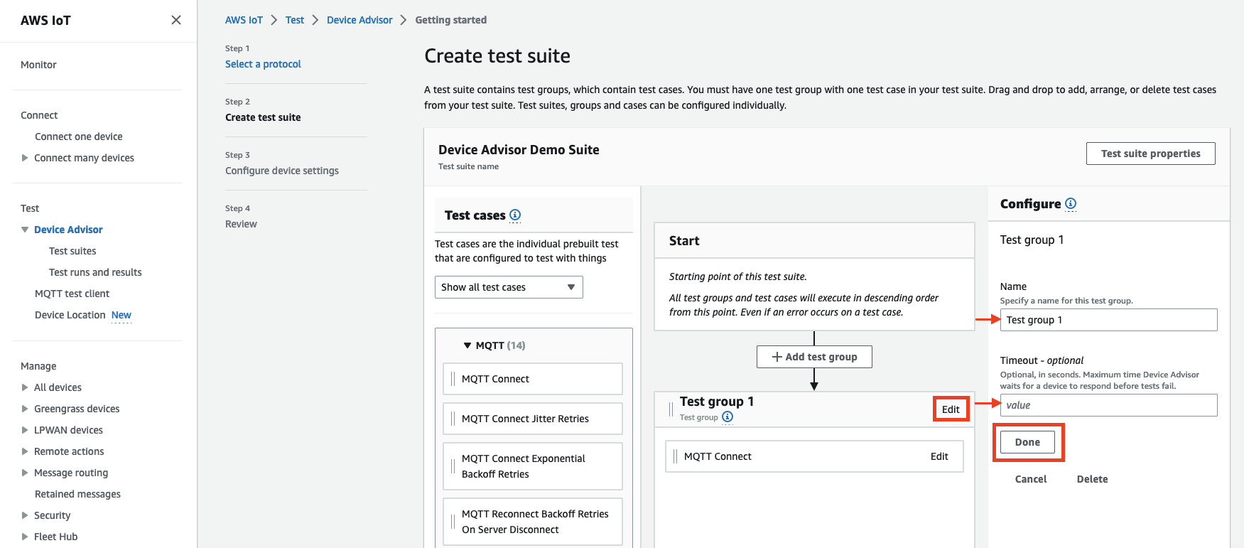 Eine Testgruppe mit dem Namen „Testgruppe 1" wird mit Optionen zum Konfigurieren des Timeouts und zum Hinzufügen weiterer Testgruppen angezeigt.