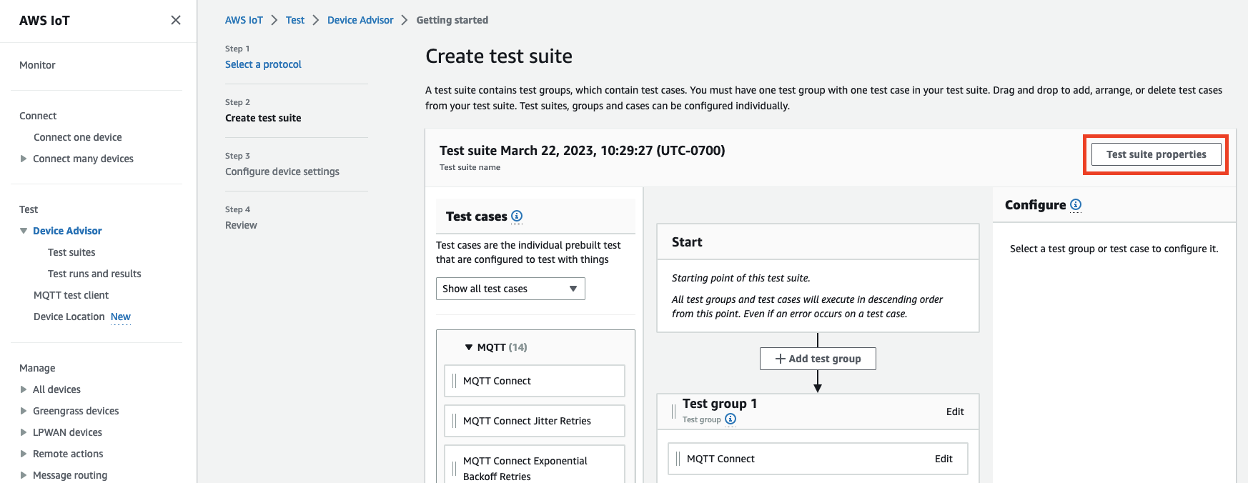 Der Bildschirm „Testsuite erstellen“ in Device Advisors, auf dem Benutzer Testgruppen und Fälle zum Testen von IoT-Geräten mit dem MQTT-Protokoll erstellen und konfigurieren können.