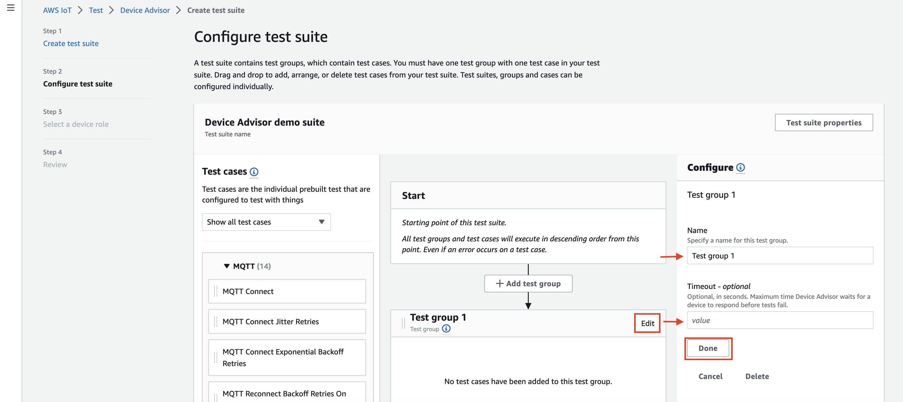 Die Schnittstelle „Testsuite konfigurieren“ zur Erstellung von Testgruppen und Fällen zur Validierung der Funktionalität von IoT-Geräten.