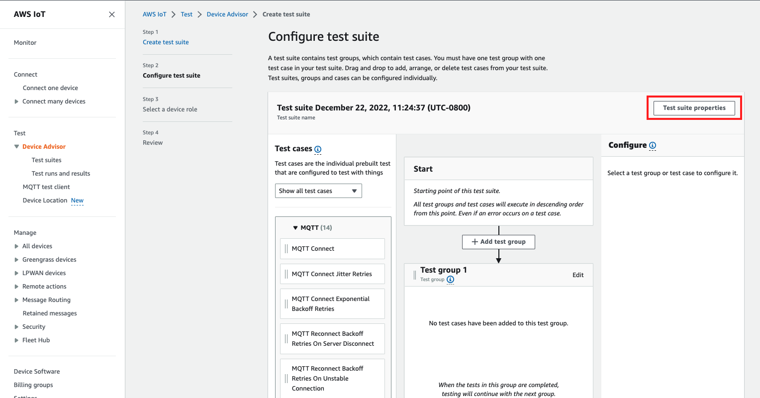 Die Oberfläche „Testsuite konfigurieren“, die Optionen zum Erstellen von Testgruppen und zum Hinzufügen von Testfällen zum Testen der Funktionalität von IoT-Geräten zeigt.